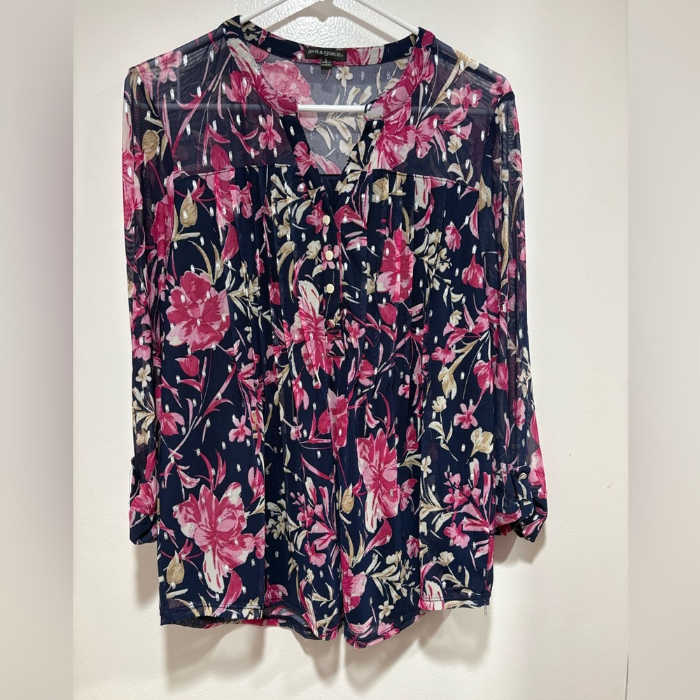 Ava&Grace Women’s Floral V Neck w Button Accent -Sheer Sleeves Lined Bodice Sz L
